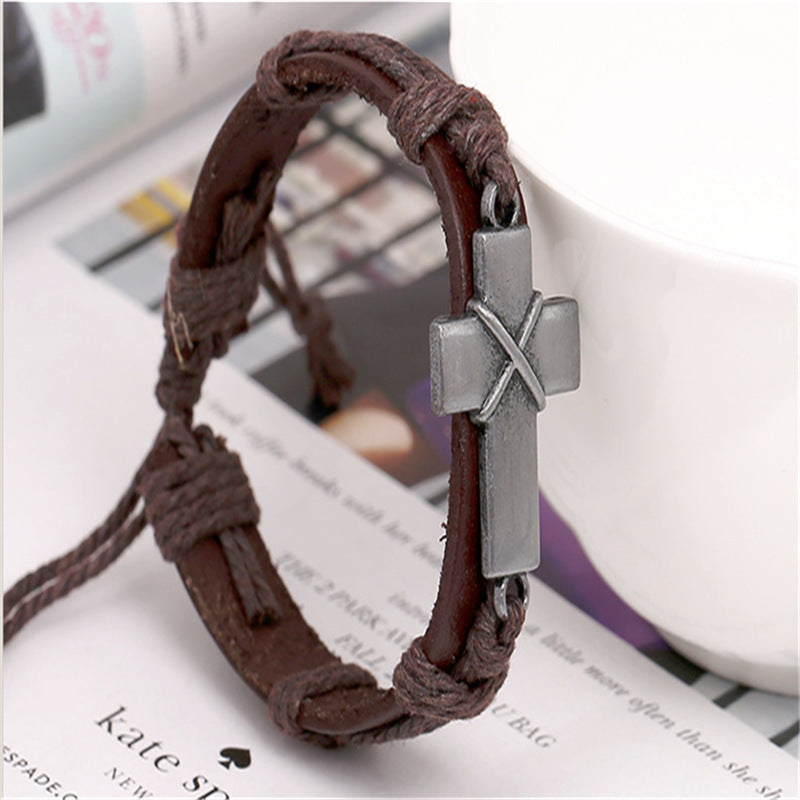 Vintage Brown Leather Cross Bracelet - Adjustable Cowhide & Alloy Men's Jewelry
