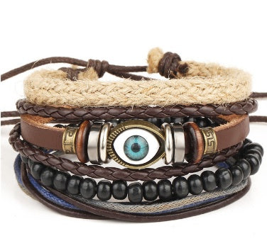 Men’s Fashion Beaded Leather Bracelet Anchor Charm Casual Wristband Adjustable Leather Zinc Alloy Bracelets