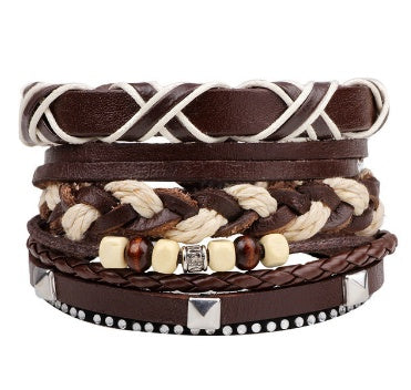 Men’s Fashion Beaded Leather Bracelet Anchor Charm Casual Wristband Adjustable Leather Zinc Alloy Bracelets