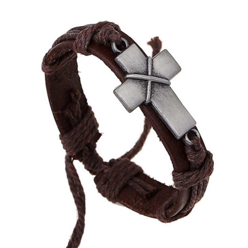 Vintage Brown Leather Cross Bracelet - Adjustable Cowhide & Alloy Men's Jewelry