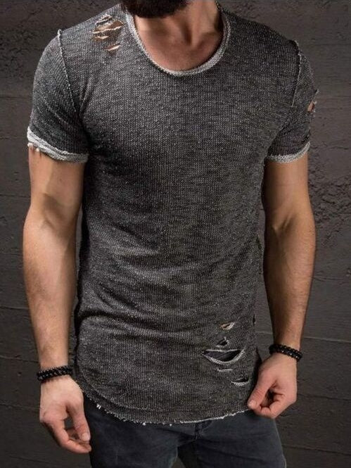 Ripped Short Sleeve T-Shirt for Men Slim Fit Distressed Tee Streetwear Summer Fashion Top