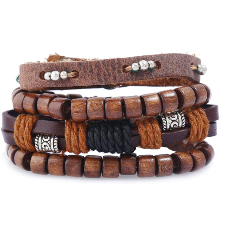 Men’s Fashion Beaded Leather Bracelet Anchor Charm Casual Wristband Adjustable Leather Zinc Alloy Bracelets