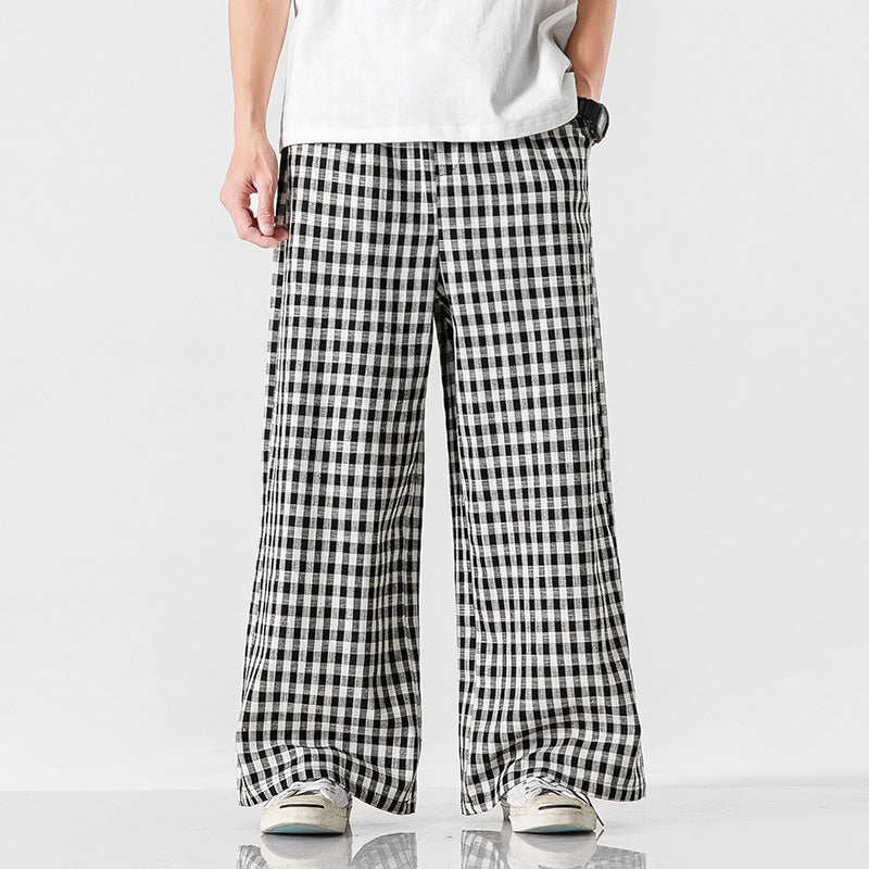 Summer Plus Size Chinese Style Cotton & Linen Plaid Pants | Loose Fit Breathable Trousers for Men