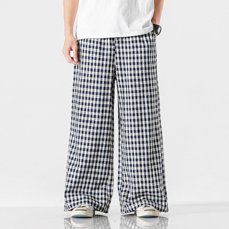Summer Plus Size Chinese Style Cotton & Linen Plaid Pants | Loose Fit Breathable Trousers for Men