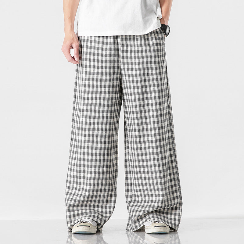 Summer Plus Size Chinese Style Cotton & Linen Plaid Pants | Loose Fit Breathable Trousers for Men