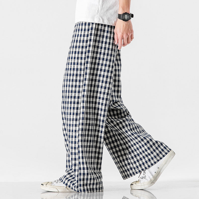 Summer Plus Size Chinese Style Cotton & Linen Plaid Pants | Loose Fit Breathable Trousers for Men