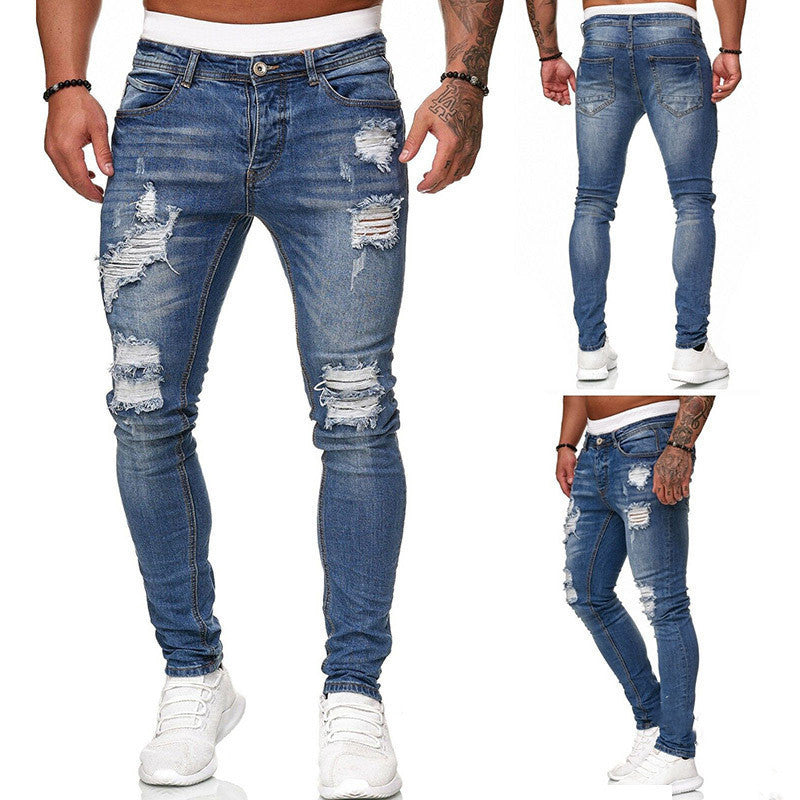 Men's Street Style Ripped Skinny Jeans Vintage Wash Slim Fit Denim Pants Distressed Pencil Jeans Casual Fashion Stretch Trousers