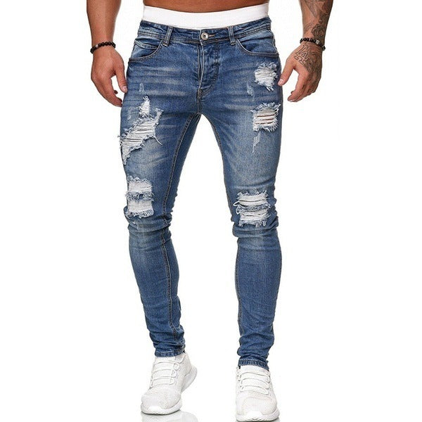 Men's Street Style Ripped Skinny Jeans Vintage Wash Slim Fit Denim Pants Distressed Pencil Jeans Casual Fashion Stretch Trousers