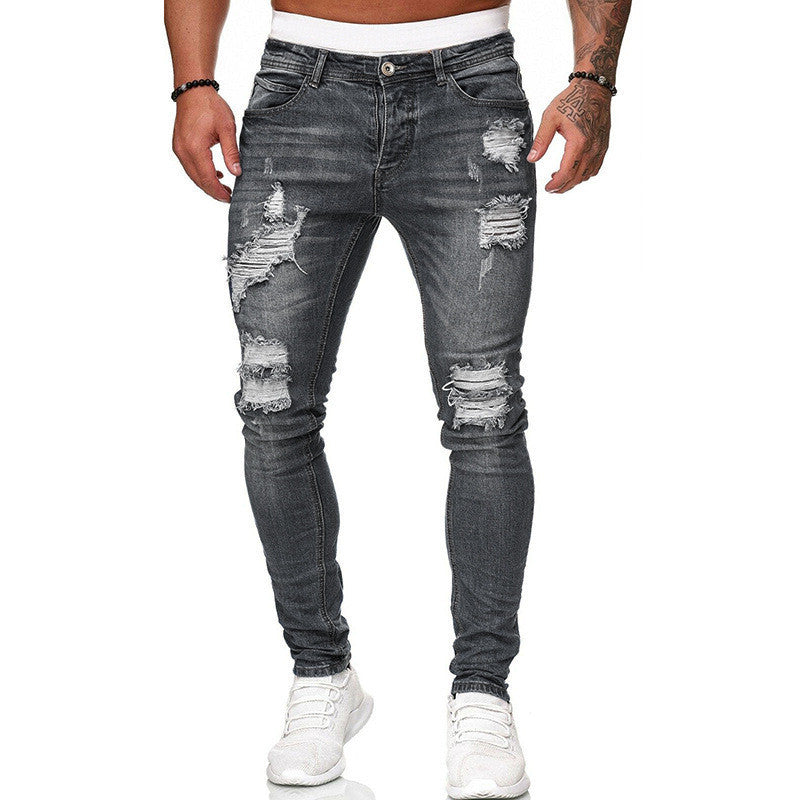 Men's Street Style Ripped Skinny Jeans Vintage Wash Slim Fit Denim Pants Distressed Pencil Jeans Casual Fashion Stretch Trousers