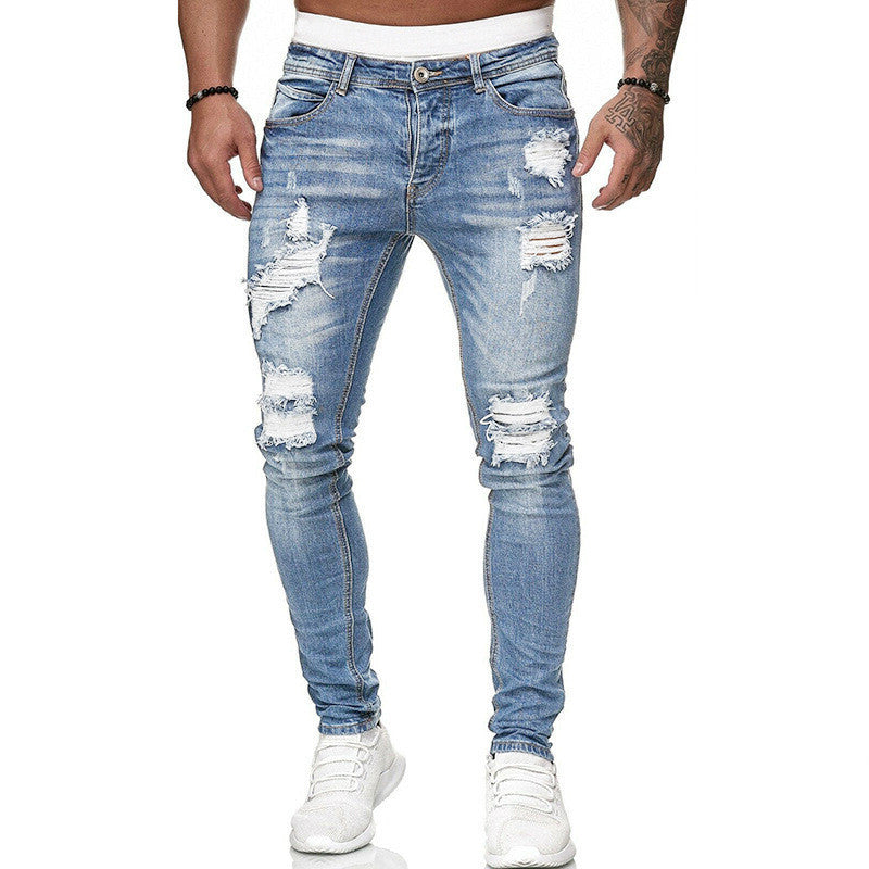 Men's Street Style Ripped Skinny Jeans Vintage Wash Slim Fit Denim Pants Distressed Pencil Jeans Casual Fashion Stretch Trousers