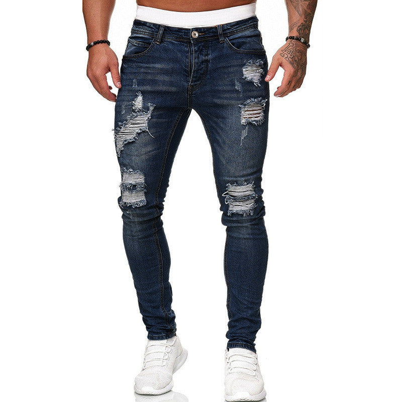 Men's Street Style Ripped Skinny Jeans Vintage Wash Slim Fit Denim Pants Distressed Pencil Jeans Casual Fashion Stretch Trousers