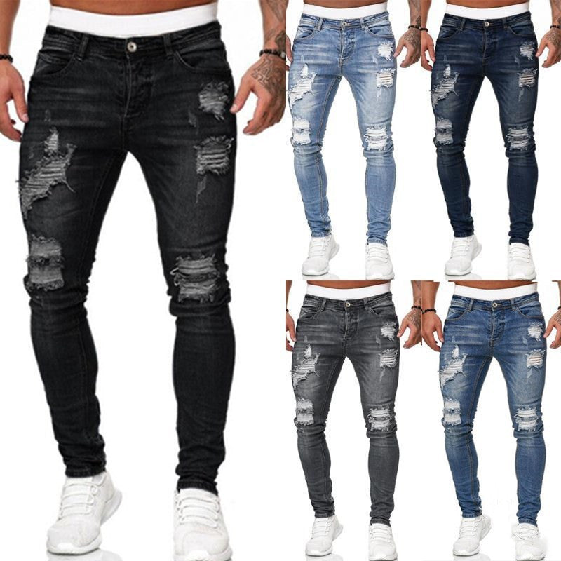 Men's Street Style Ripped Skinny Jeans Vintage Wash Slim Fit Denim Pants Distressed Pencil Jeans Casual Fashion Stretch Trousers