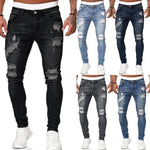 Men's Street Style Ripped Skinny Jeans Vintage Wash Slim Fit Denim Pants Distressed Pencil Jeans Casual Fashion Stretch Trousers