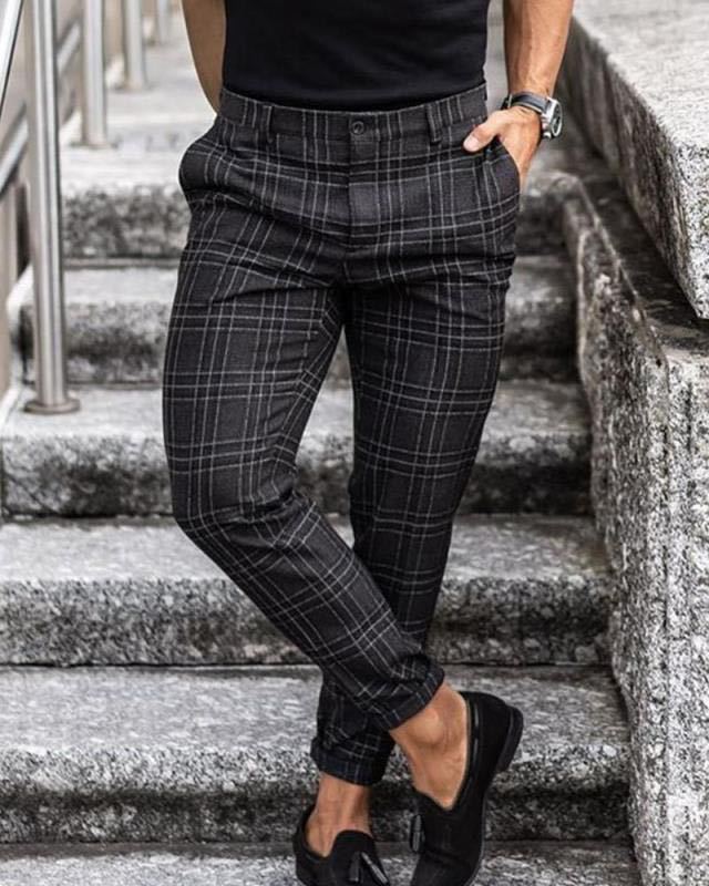 Plaid Print Men’s Casual Pants – Loose Thin Trousers with Pocket Decoration, Lightweight Workwear & Leisure Pants