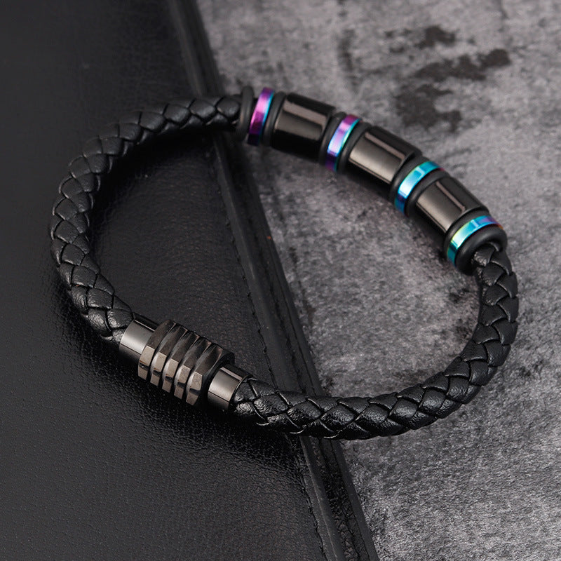 Men's Simple Leather & Titanium Steel Bracelet - Geometric Design & Polished Finish