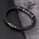 Men's Simple Leather & Titanium Steel Bracelet - Geometric Design & Polished Finish