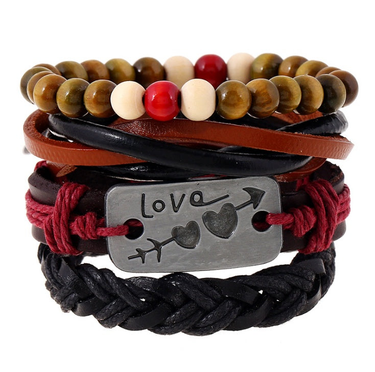 Men’s Fashion Beaded Leather Bracelet Anchor Charm Casual Wristband Adjustable Leather Zinc Alloy Bracelets