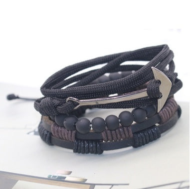 Men’s Fashion Beaded Leather Bracelet Anchor Charm Casual Wristband Adjustable Leather Zinc Alloy Bracelets