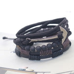 Men’s Fashion Beaded Leather Bracelet Anchor Charm Casual Wristband Adjustable Leather Zinc Alloy Bracelets