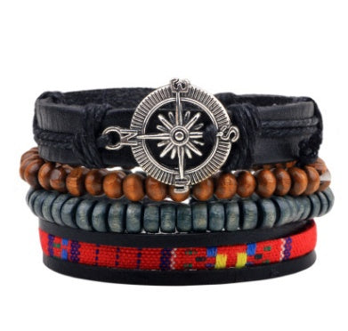 Men’s Fashion Beaded Leather Bracelet Anchor Charm Casual Wristband Adjustable Leather Zinc Alloy Bracelets