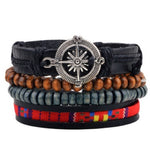 Men’s Fashion Beaded Leather Bracelet Anchor Charm Casual Wristband Adjustable Leather Zinc Alloy Bracelets