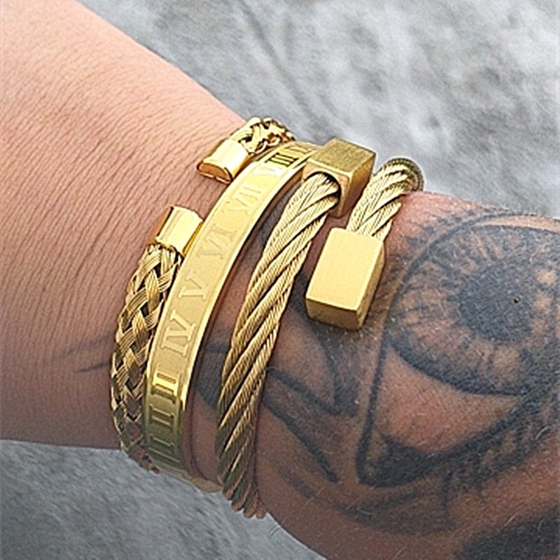 3-Piece Geometric Bracelet Set - Unisex Alloy Bangle & Chain Stack for Men & Women
