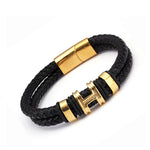 Retro Stainless Steel & Genuine Leather Bracelet for Men & Women H Charm Unisex Wristband