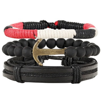 Men’s Fashion Beaded Leather Bracelet Anchor Charm Casual Wristband Adjustable Leather Zinc Alloy Bracelets