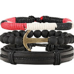 Men’s Fashion Beaded Leather Bracelet Anchor Charm Casual Wristband Adjustable Leather Zinc Alloy Bracelets