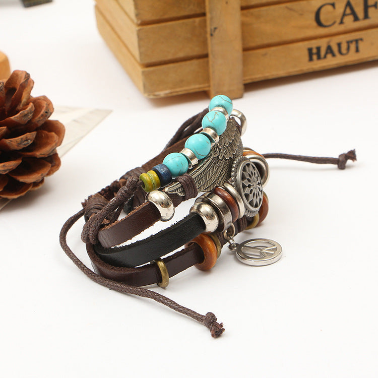 Handmade Leather Bracelet for Men Adjustable Brown Ethnic Style Wristband Boho Fashion Jewelry