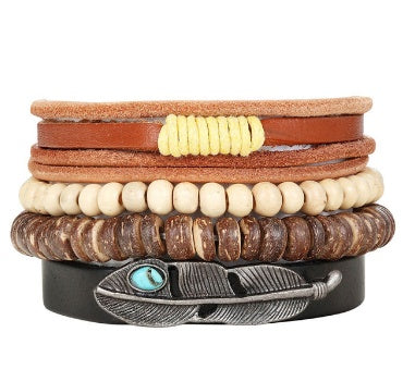 Men’s Fashion Beaded Leather Bracelet Anchor Charm Casual Wristband Adjustable Leather Zinc Alloy Bracelets