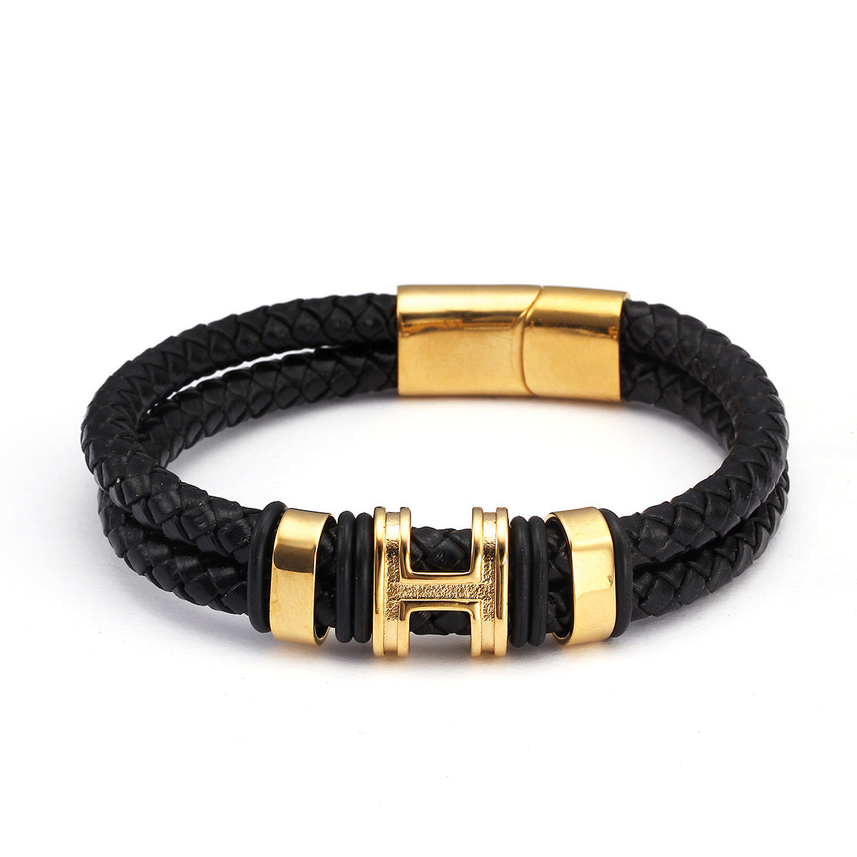 Retro Stainless Steel & Genuine Leather Bracelet for Men & Women H Charm Unisex Wristband