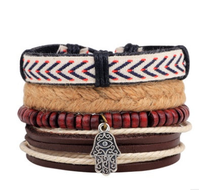 Men’s Fashion Beaded Leather Bracelet Anchor Charm Casual Wristband Adjustable Leather Zinc Alloy Bracelets