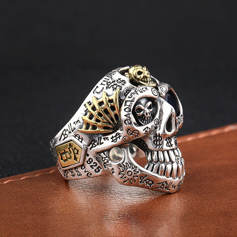 Men's Dominant Skull Sterling Silver Ring - Adjustable Open End, Minimalist Fashion