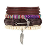 Men’s Fashion Beaded Leather Bracelet Anchor Charm Casual Wristband Adjustable Leather Zinc Alloy Bracelets