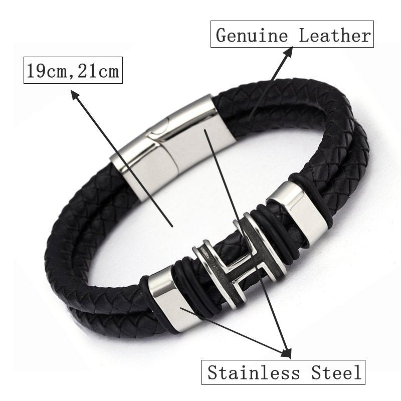 Retro Stainless Steel & Genuine Leather Bracelet for Men & Women H Charm Unisex Wristband