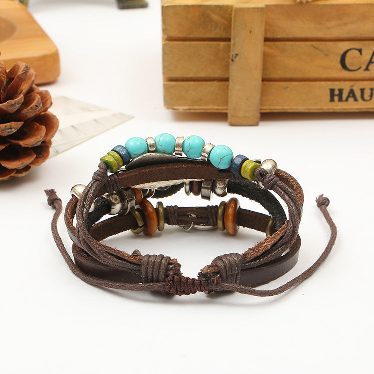 Handmade Leather Bracelet for Men Adjustable Brown Ethnic Style Wristband Boho Fashion Jewelry