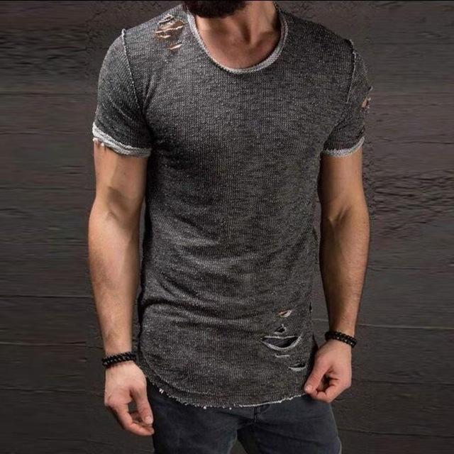 Ripped Short Sleeve T-Shirt for Men Slim Fit Distressed Tee Streetwear Summer Fashion Top