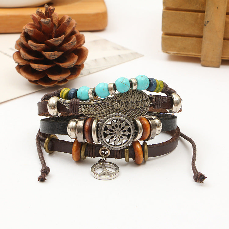 Handmade Leather Bracelet for Men Adjustable Brown Ethnic Style Wristband Boho Fashion Jewelry