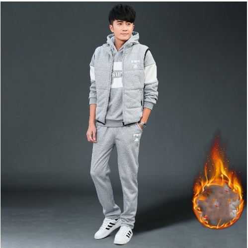 Men’s Plus Velvet Padded Tracksuit 3-Piece Winter Warm Outfit Cotton Sportswear Set with Vest, Sweatshirt & Pants