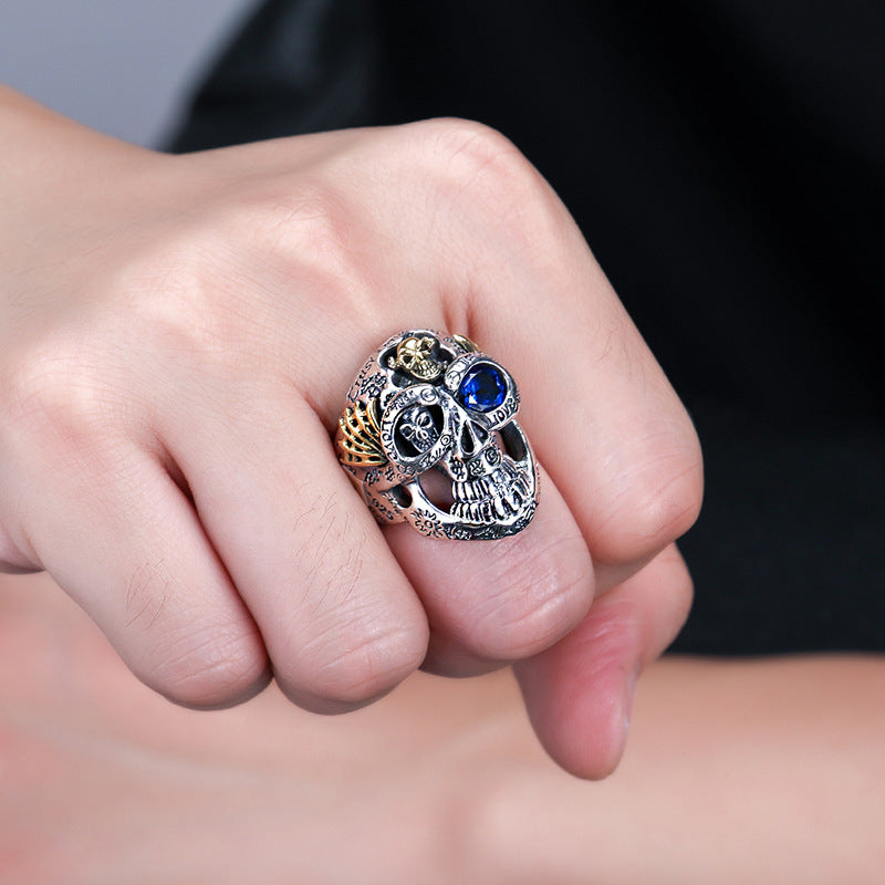Men's Dominant Skull Sterling Silver Ring - Adjustable Open End, Minimalist Fashion