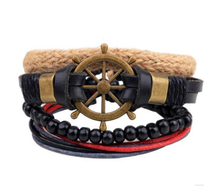 Men’s Fashion Beaded Leather Bracelet Anchor Charm Casual Wristband Adjustable Leather Zinc Alloy Bracelets