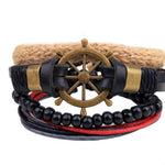 Men’s Fashion Beaded Leather Bracelet Anchor Charm Casual Wristband Adjustable Leather Zinc Alloy Bracelets
