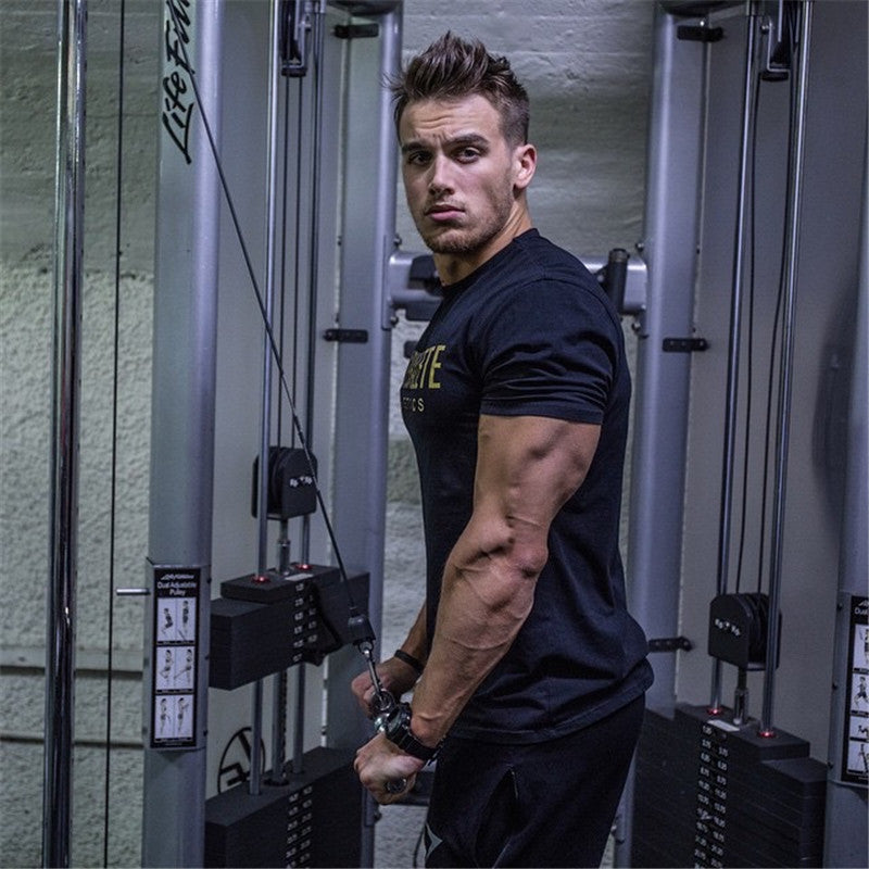 Men’s Short-Sleeve Cotton T-Shirt Letter Print Fitness Top Casual Sport Style Round Neck Tee