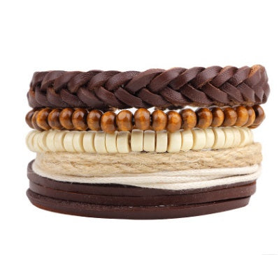 Men’s Fashion Beaded Leather Bracelet Anchor Charm Casual Wristband Adjustable Leather Zinc Alloy Bracelets