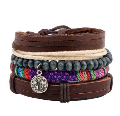 Men’s Fashion Beaded Leather Bracelet Anchor Charm Casual Wristband Adjustable Leather Zinc Alloy Bracelets