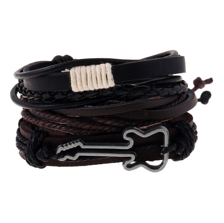 Men’s Fashion Beaded Leather Bracelet Anchor Charm Casual Wristband Adjustable Leather Zinc Alloy Bracelets