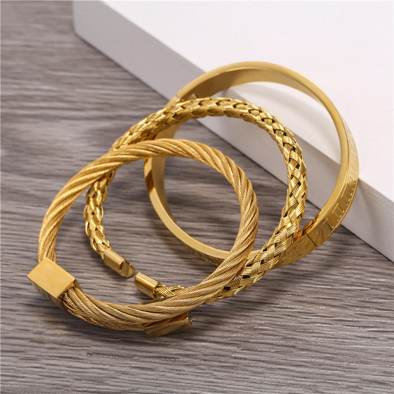 3-Piece Geometric Bracelet Set - Unisex Alloy Bangle & Chain Stack for Men & Women