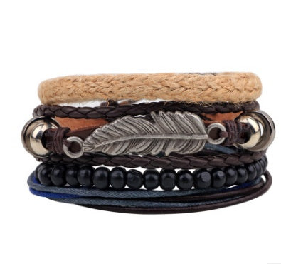 Men’s Fashion Beaded Leather Bracelet Anchor Charm Casual Wristband Adjustable Leather Zinc Alloy Bracelets