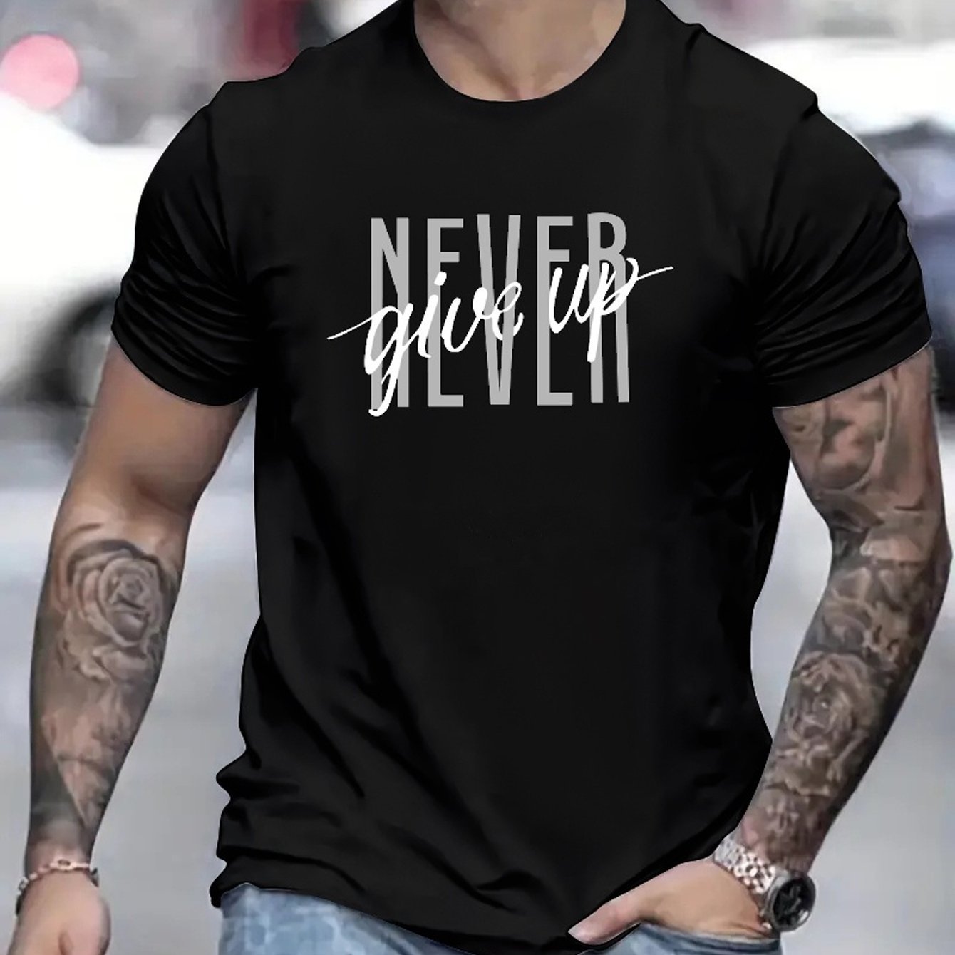 Never Give Up Printed T-Shirt for Men  Summer Casual Short Sleeve Tee Retro Motivational Shirt